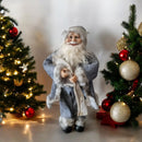 Figura decorativa Babbo Natale elegante, in costume grigio con pelliccia bianca