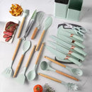 Set 19 Utensili da Cucina in Silicone con Supporto - Manici in Legno, Resistenti a 230°C