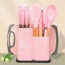 Set 19 Utensili da Cucina in Silicone con Supporto - Manici in Legno, Resistenti a 230°C