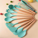 Set 19 Utensili da Cucina in Silicone con Supporto - Manici in Legno, Resistenti a 230°C