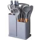 Set 19 Utensili da Cucina in Silicone con Supporto - Manici in Legno, Resistenti a 230°C
