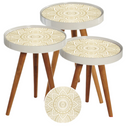 Set 3 Tavolini da Caffè Design Mandala - Bianco con Oro, Gambe in Legno Naturale, Misure Diverse