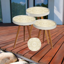 Set 3 Tavolini da Caffè Design Mandala - Bianco con Oro, Gambe in Legno Naturale, Misure Diverse