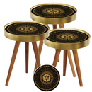 Set 3 Tavolini da Caffè Design Mandala Nero con Oro - Legno Naturale, Misure Diverse