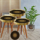 Set 3 Tavolini da Caffè Design Mandala Nero con Oro - Legno Naturale, Misure Diverse