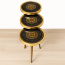 Set 3 Tavolini da Caffè Design Mandala Nero con Oro - Legno Naturale, Misure Diverse