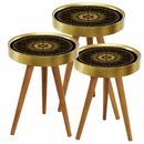Set 3 Tavolini da Caffè Design Mandala Nero con Oro - Legno Naturale, Misure Diverse