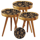Set 3 Tavolini da Caffè con Design Floreale Oro-Nero - Gambe in Legno Naturale, Misure Diverse