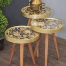 Set 3 Tavolini da Caffè con Design Floreale Oro-Nero - Gambe in Legno Naturale, Misure Diverse