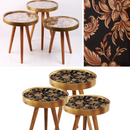 Set 3 Tavolini da Caffè con Design Floreale Oro-Nero - Gambe in Legno Naturale, Misure Diverse