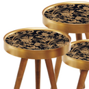 Set 3 Tavolini da Caffè con Design Floreale Oro-Nero - Gambe in Legno Naturale, Misure Diverse