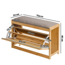 Panca con Scarpiera 2-in-1 in Bambù, 2 Ripiani, Seduta Imbottita Confortevole, Anta Effetto Rattan, Design Naturale, 70 x 24 x 46 cm