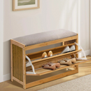 Panca con Scarpiera 2-in-1 in Bambù, 2 Ripiani, Seduta Imbottita Confortevole, Anta Effetto Rattan, Design Naturale, 70 x 24 x 46 cm