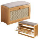 Panca con Scarpiera 2-in-1 in Bambù, 2 Ripiani, Seduta Imbottita Confortevole, Anta Effetto Rattan, Design Naturale, 70 x 24 x 46 cm