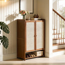 Scarpiera con Ante Effetto Rattan, 6 Livelli di Contenimento, Design Areato, Vano Aperto Inferiore, 94 x 32 x 60 cm