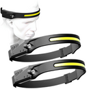 Confezione 1+1 Torcia Frontale LED COB 350 Lumen con Batteria Ricaricabile, Sensore di Movimento e Luce Laterale – Set 2 Pezzi