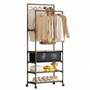 Stender Multifunzione per Abiti con Ruote, 2 Barre Appendiabiti, Ripiani Multipli e Scatola Contenitiva, Organizer Guardaroba per Abiti e Scarpe