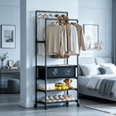 Stender Multifunzione per Abiti con Ruote, 2 Barre Appendiabiti, Ripiani Multipli e Scatola Contenitiva, Organizer Guardaroba per Abiti e Scarpe