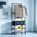 Stender Multifunzione per Abiti con Ruote, 2 Barre Appendiabiti, Ripiani Multipli e Scatola Contenitiva, Organizer Guardaroba per Abiti e Scarpe