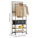 Stender Multifunzione per Abiti con Ruote, 2 Barre Appendiabiti, Ripiani Multipli e Scatola Contenitiva, Organizer Guardaroba per Abiti e Scarpe