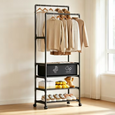 Stender Multifunzione per Abiti con Ruote, 2 Barre Appendiabiti, Ripiani Multipli e Scatola Contenitiva, Organizer Guardaroba per Abiti e Scarpe