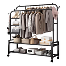 Stender Doppio in Metallo per Abiti con 2 Barre, 3 Mini-Ripiani, 2 Ripiani per Scarpe e Ruote, Nero, 150 x 162 x 50 cm