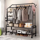 Stender Doppio in Metallo per Abiti con 2 Barre, 3 Mini-Ripiani, 2 Ripiani per Scarpe e Ruote, Nero, 150 x 162 x 50 cm