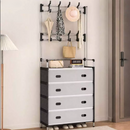 Appendiabiti Multifunzione con Scarpiera, 4 Ripiani per Scarpe e Ganci Multipli, Telaio in Metallo, 168 x 63 x 28 cm