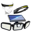 Confezione Lampada Solare LED da Esterno con 3 Teste + Torcia Frontale LED con Batteria Ricaricabile, Sensore di Movimento